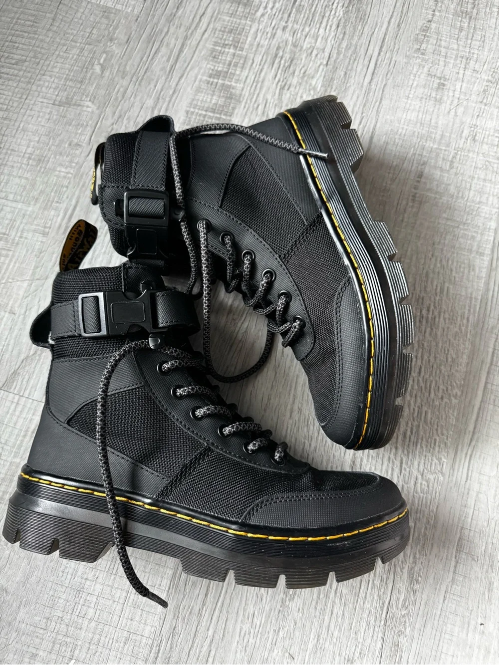 Dr. Martens Black Lace-Up Combat Boots with Yellow Stitching